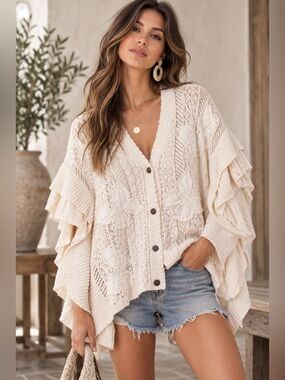 E71. BUTTERFLY PATCH RUFFLE SLEEVE LACE KNIT
CARDIGAN